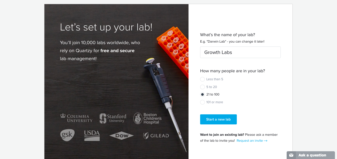 quartzy user onboarding split screen personalizing signup question