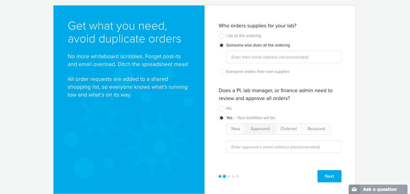 quartzy user onboarding split screen personalizing signup question with toggled manual input fields