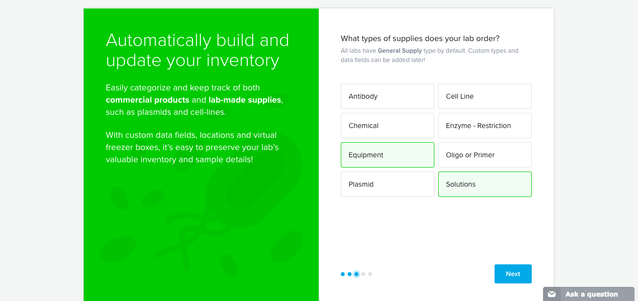quartzy user onboarding split screen personalizing signup question multiple choice