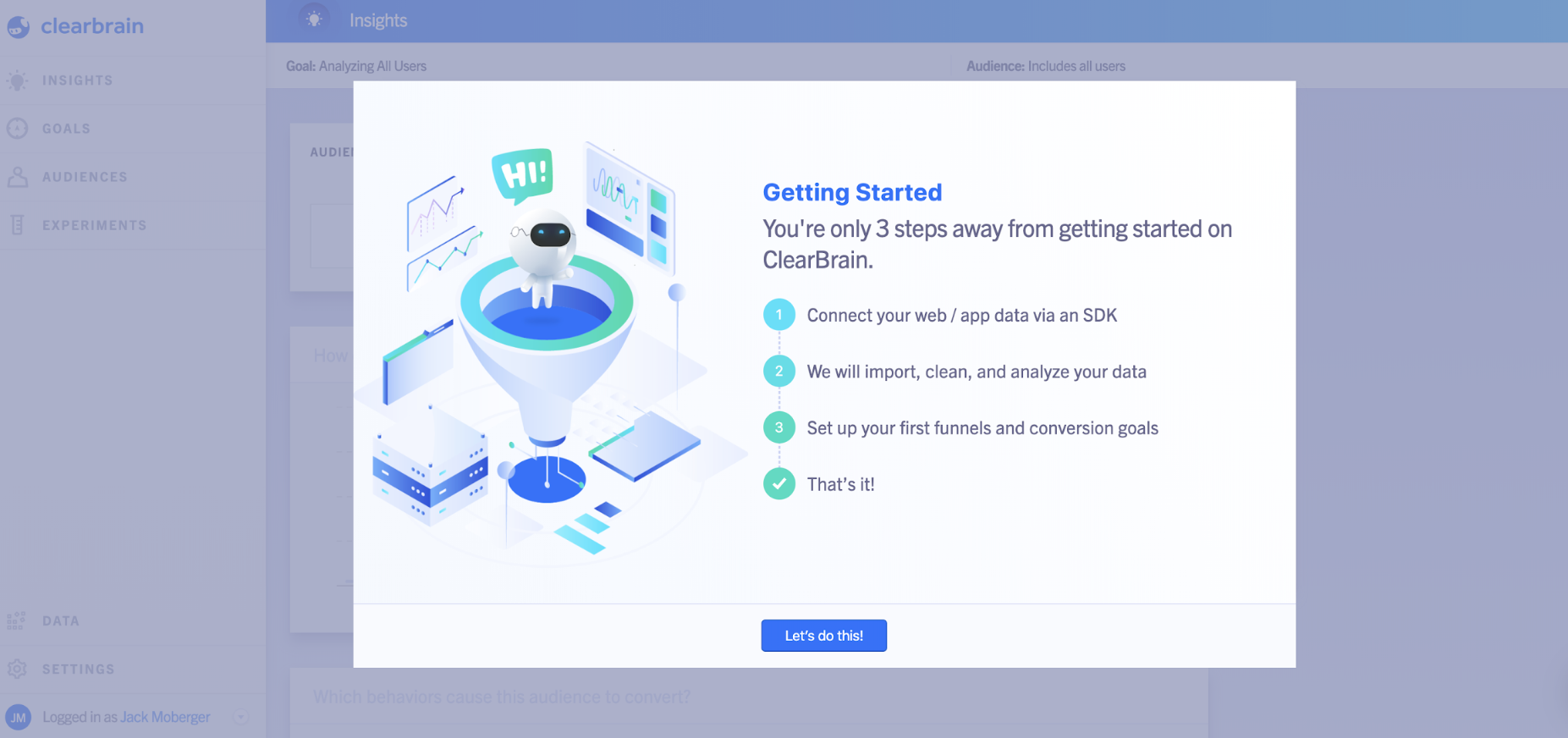 getting started welcome modal window
