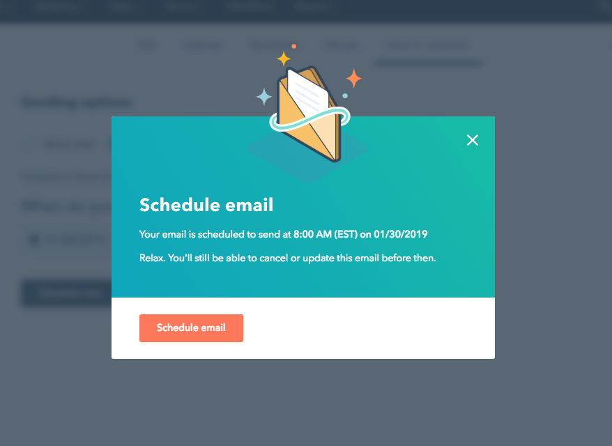 Hubspot's schedule email confirmation modal