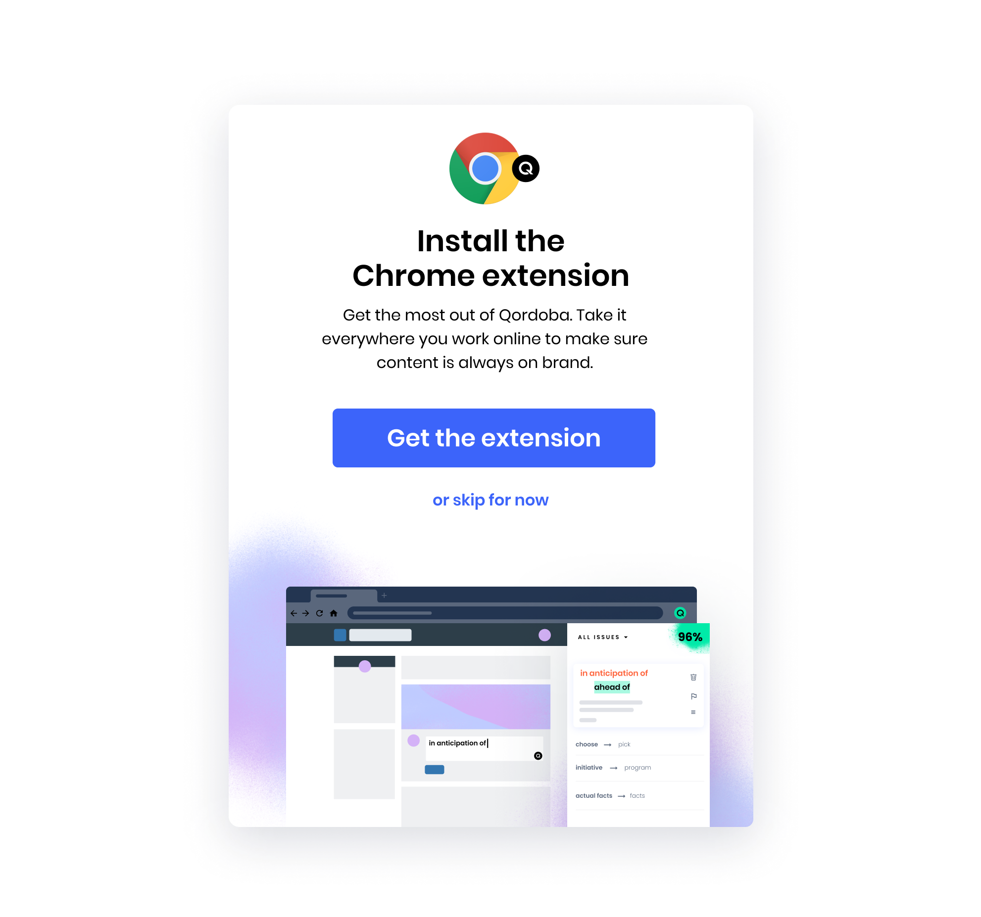 qordoba welcome user onboarding modal best example install chromes extension