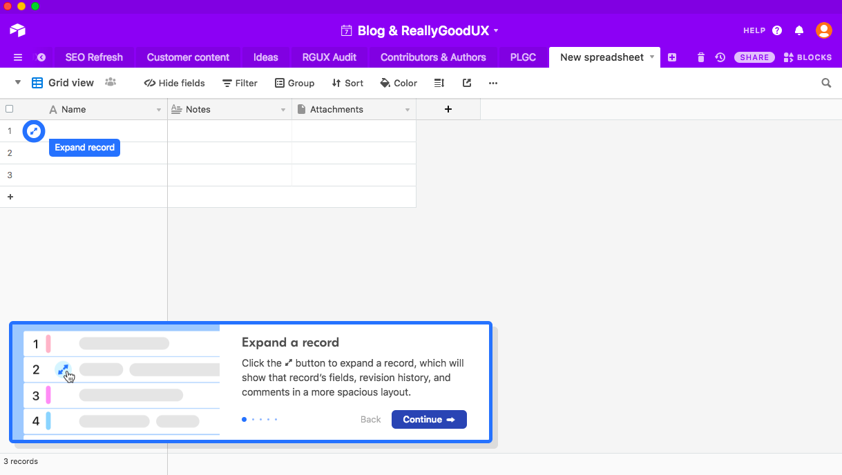 airtable base new user onboarding march 2020 hotspot tooltip slideout