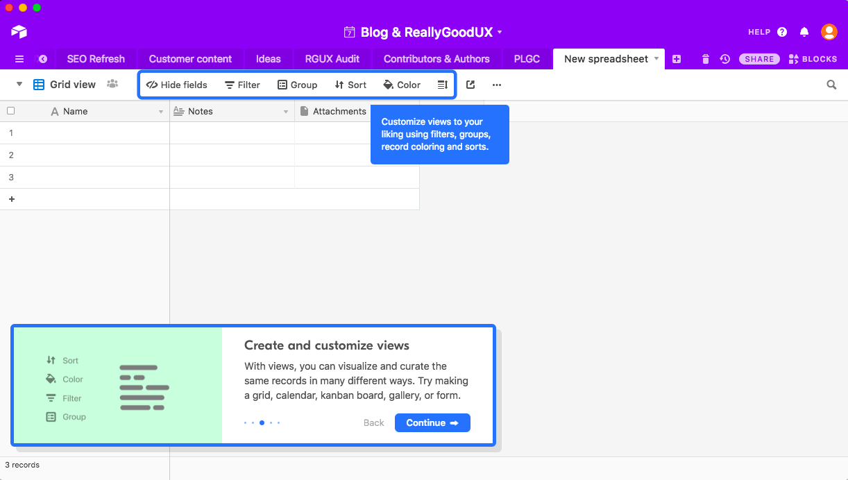 airtable base new user onboarding march 2020 with animated tooltips