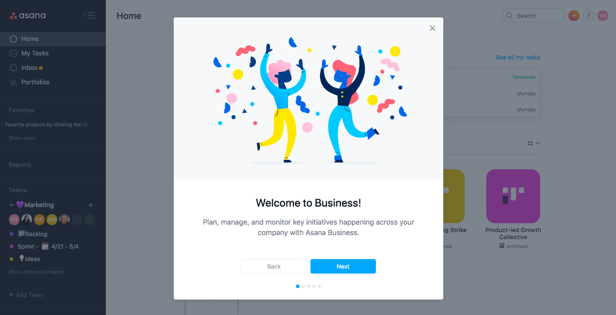 asana business premium onboarding welcome modal example