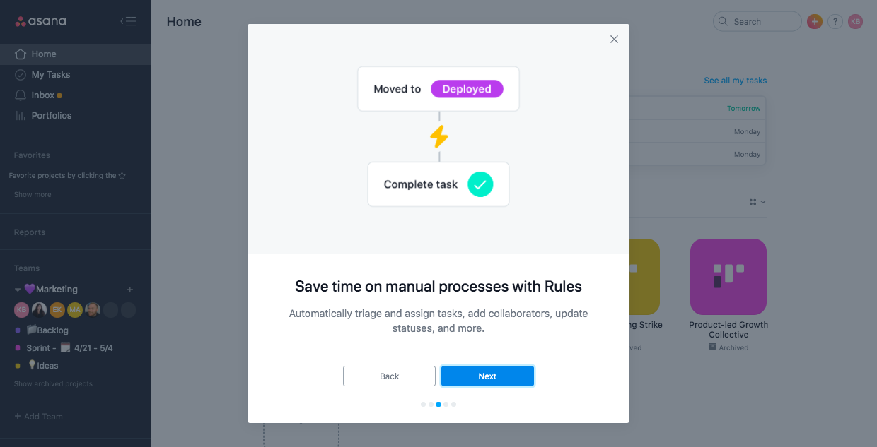 asana business rules feature. premium upgrade onboarding feature adoption modal.