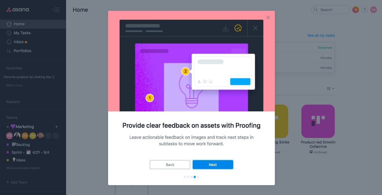 asana business proofing feature. premium upgrade onboarding feature adoption modal.