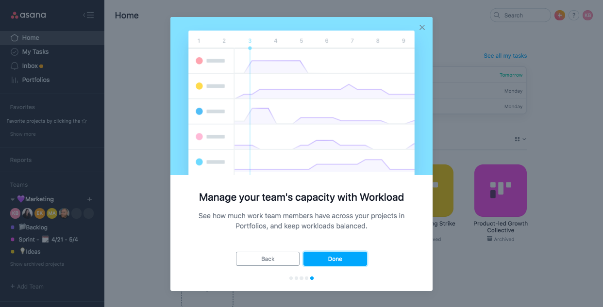 asana business workload feature. premium upgrade onboarding feature adoption modal.