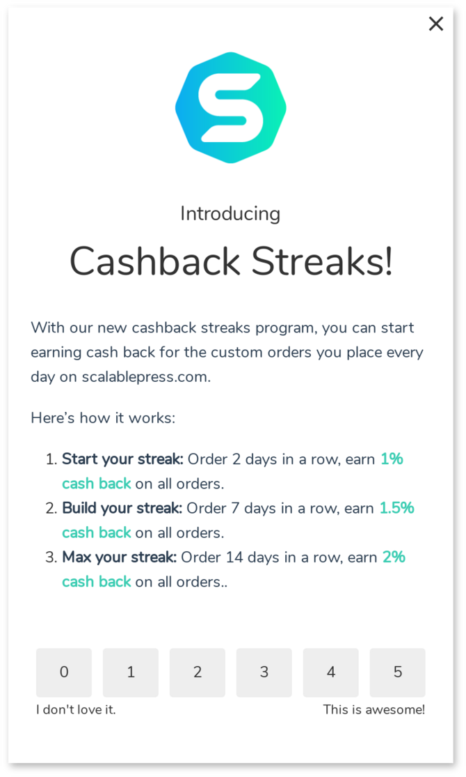 scalable press cash back rewards program new feature marketing announcement with user feedback form UX example