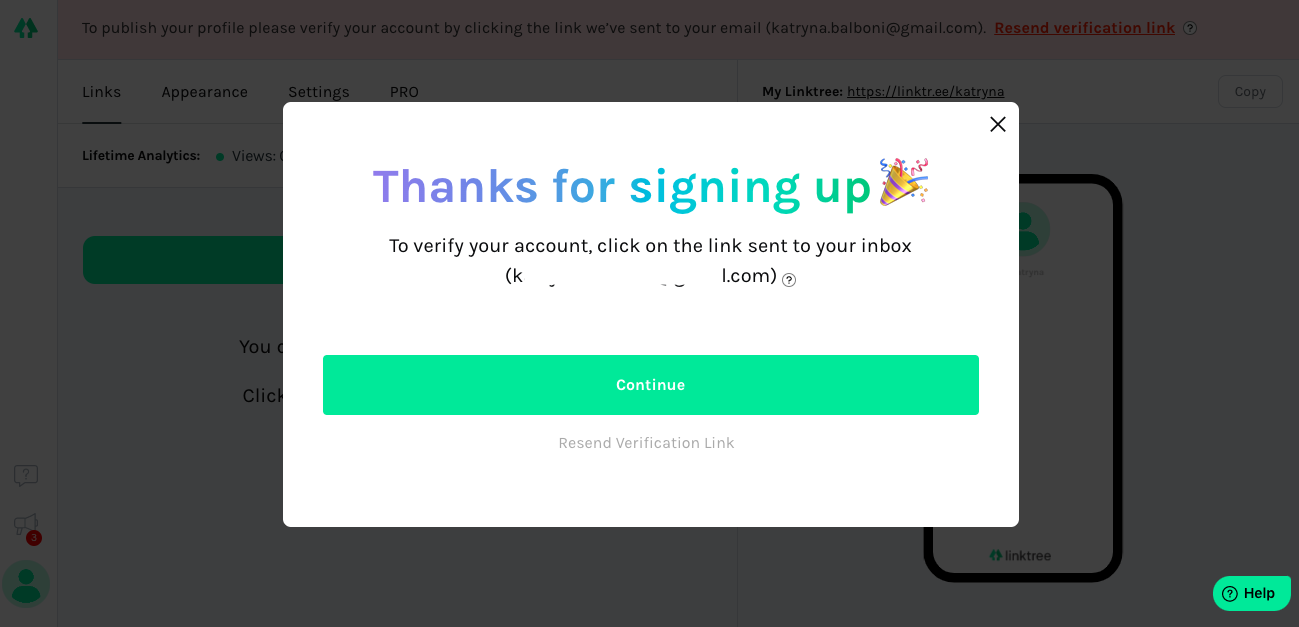 linktree user onboarding confirmation modal