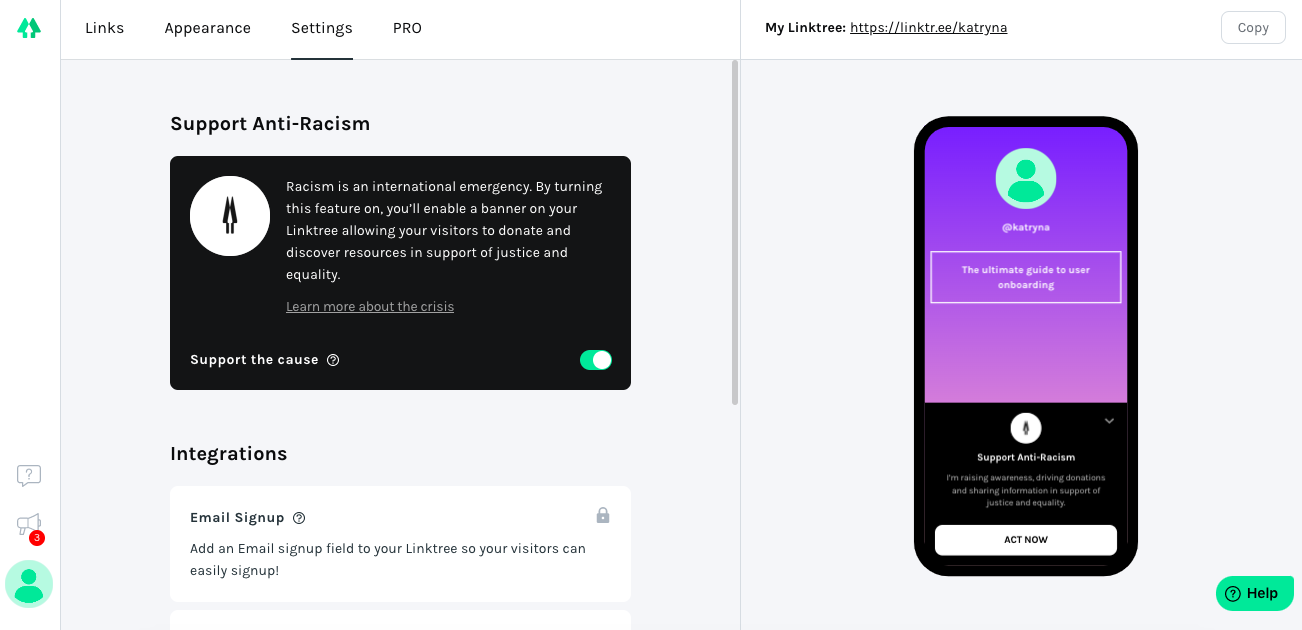 linktree user onboarding experience anti-racism black lives matter feature