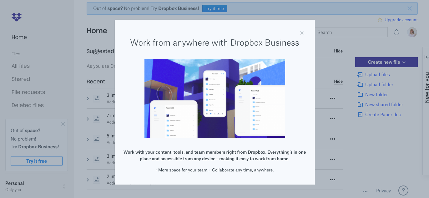 dropbox business upgrade prompt modal