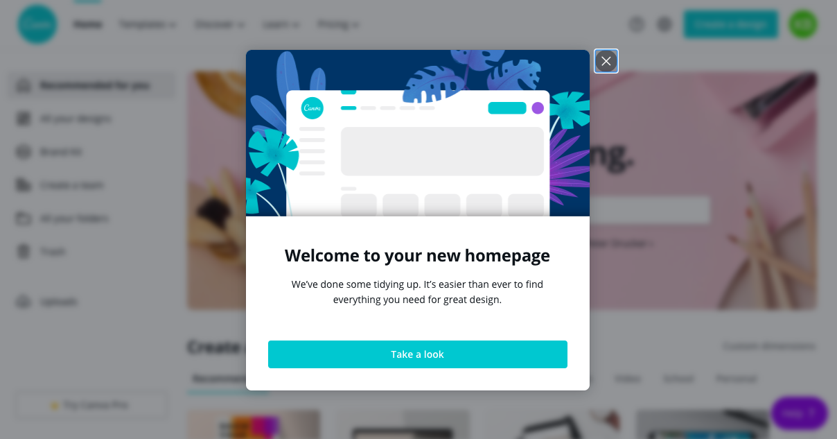 canva homepage redesign welcome modal window