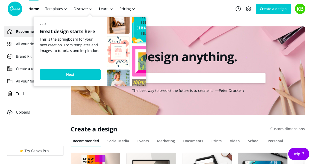 canva homepage redesign tour tooltip 2
