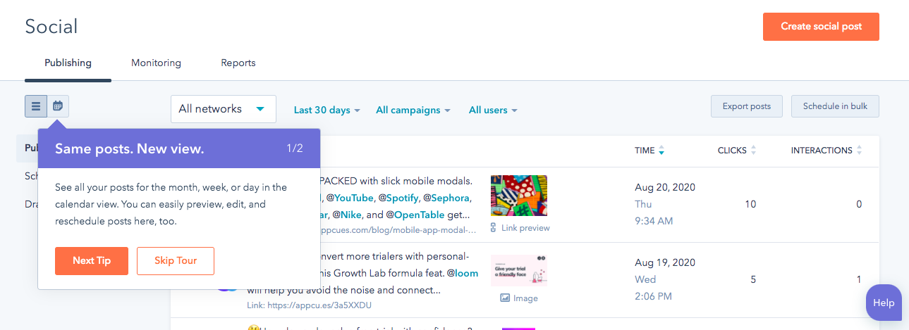 hubspot social scheduling new feature announcement tooltip 1