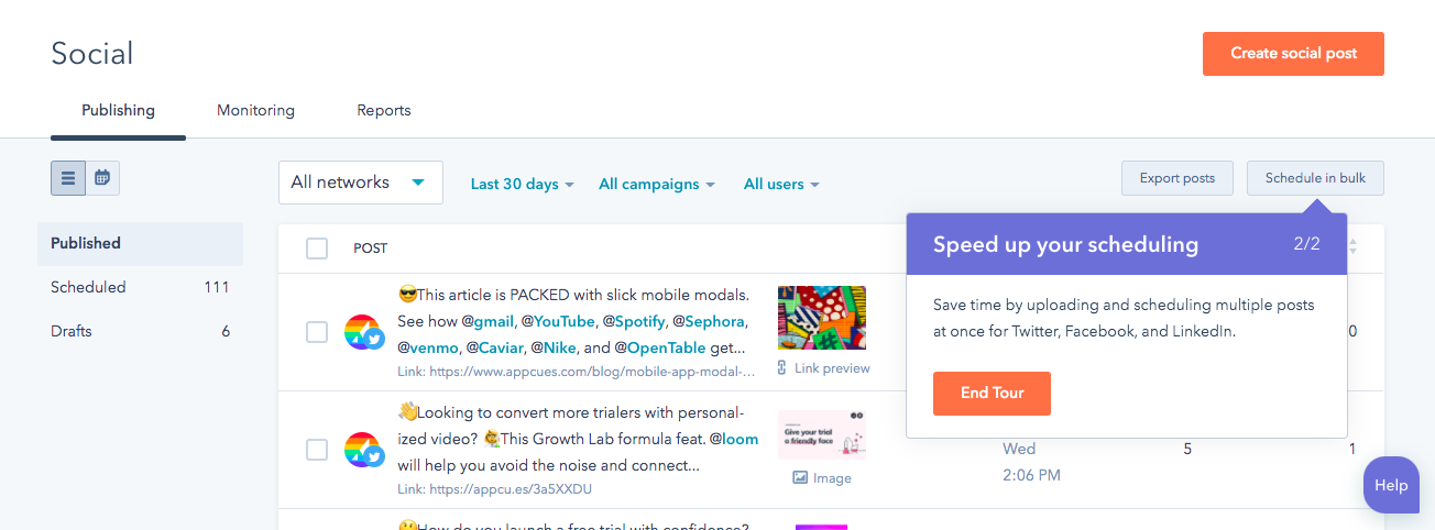 hubspot social scheduling new feature announcement tooltip 2