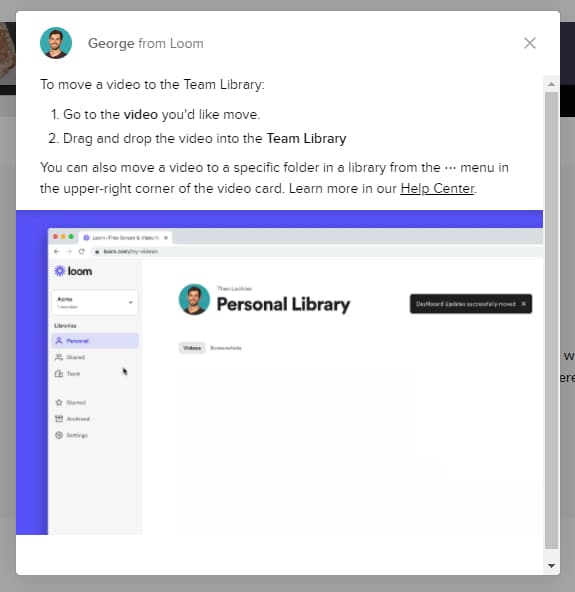 Loom modal window for Team Libraries