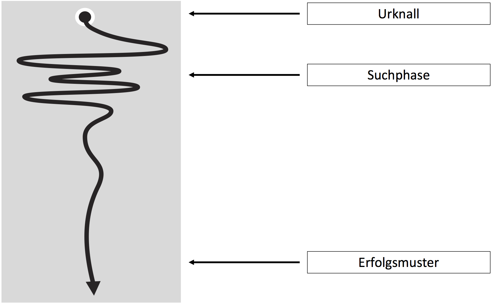 Eine schwarze Linie, die immer kleiner werdende Schlangenlinien zeigt und in einem Pfeil endet. Daneben die Beschriftung "Urknall" am Anfang, "Suchphase" in der Mitte" und "Erfolgsmuster" am Ende.