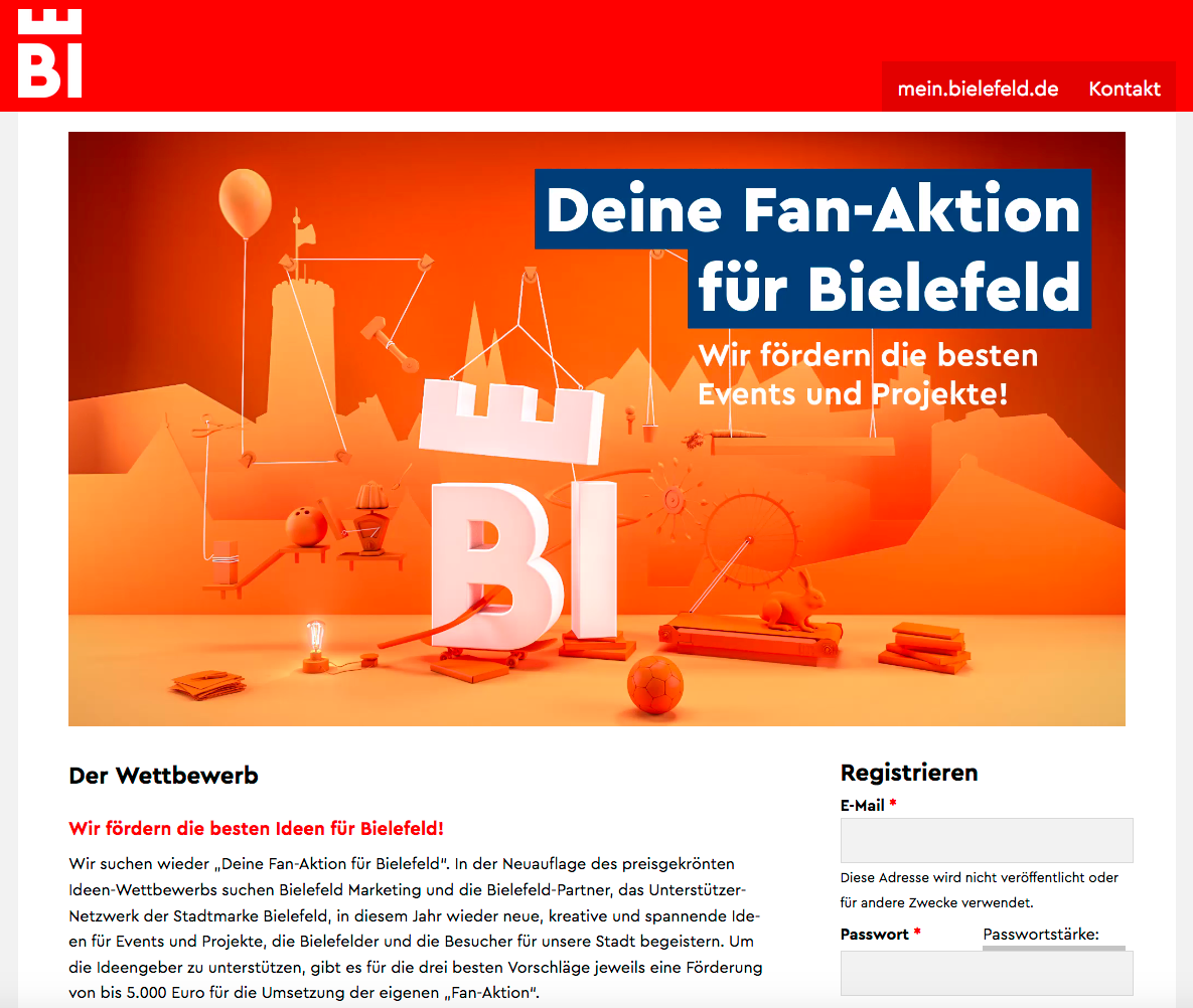 Ein Screenshot von der Website der Bielefeld Marketing GmbH, der die Werbeseite für die Fan-Aktion zeigt.