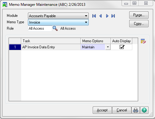 Memo Manager Maintenance Dialog Box Screenshot