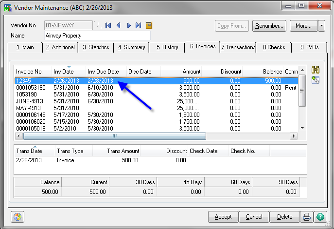 Vendor Maintenance dialog in Sage 100