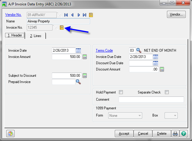 A/P Invoice Data Entry dialog in Sage 100
