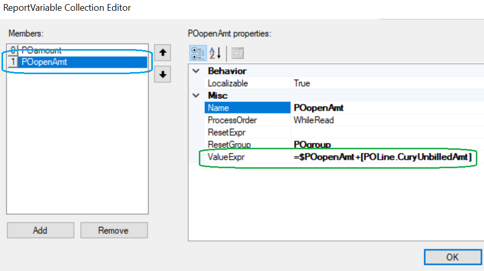 A screenshot of the ReportVariable Collection Editor inside of Acumatica