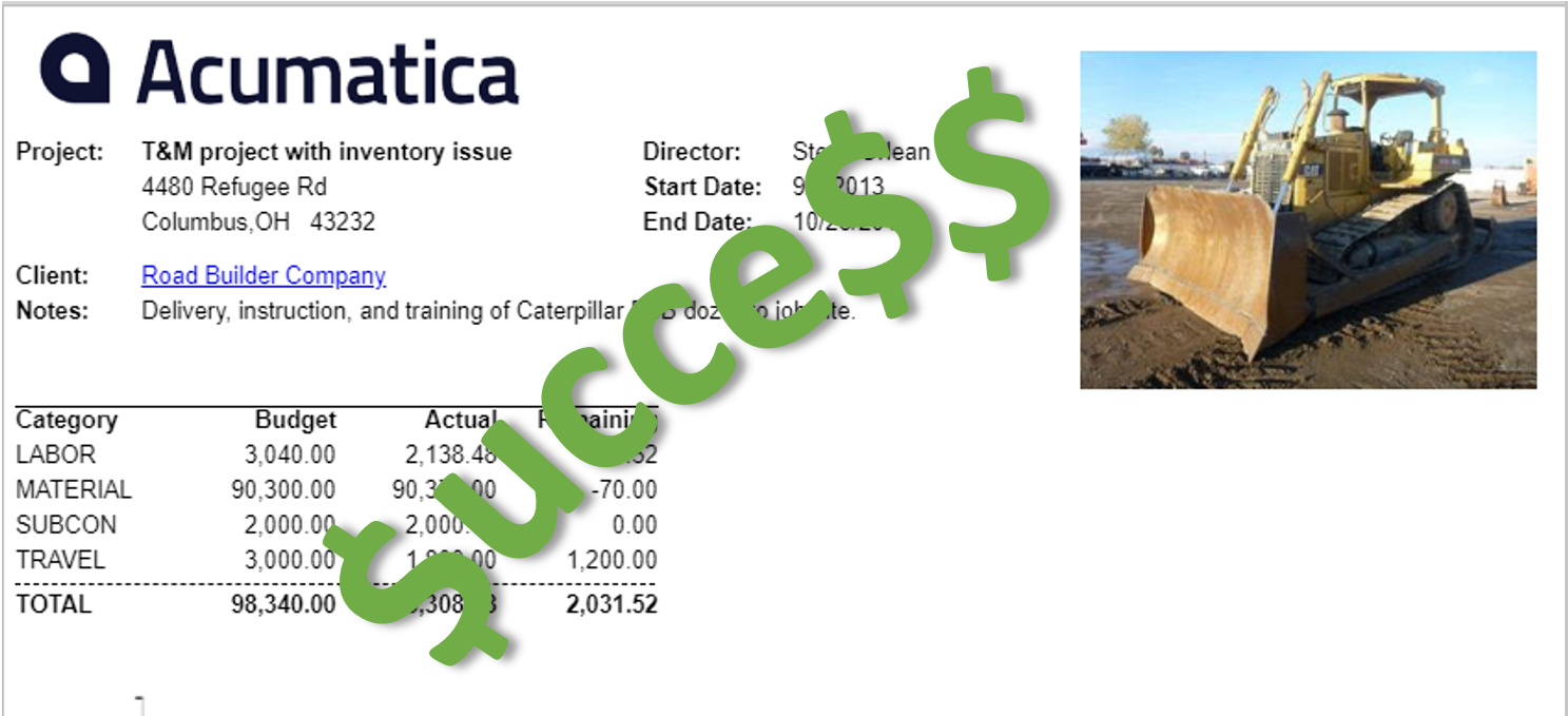 A screenshot of a successful project summary report inside of Acumatica