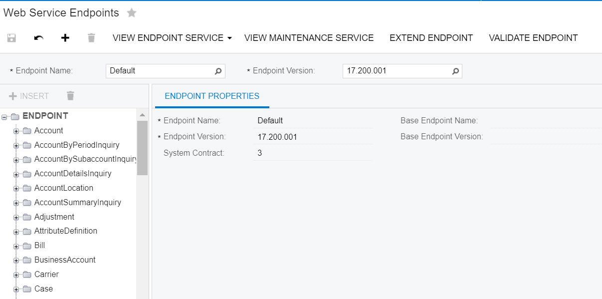 A screenshot of Acumatica's Web Service Endpoints screen.