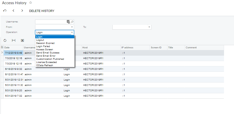 Image of Access History Screen Layout