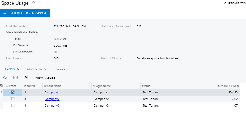 Space Usage report dialog in Acumatica