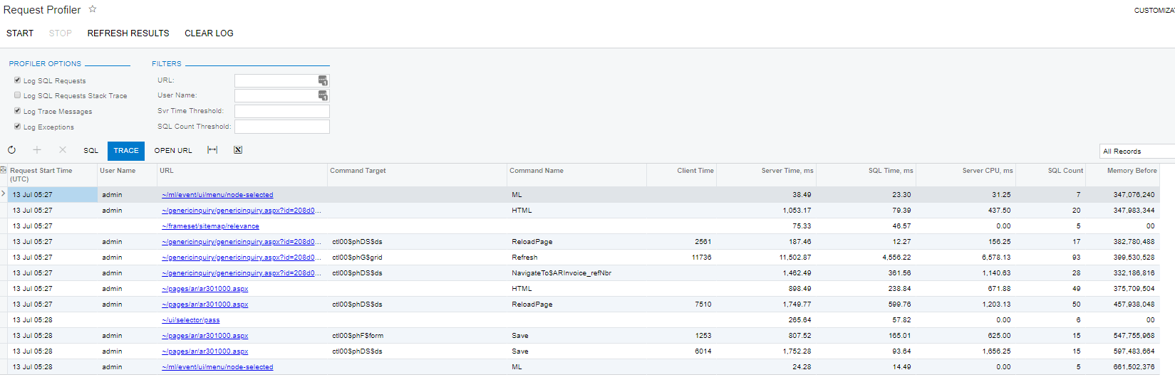 acumatica trace tab