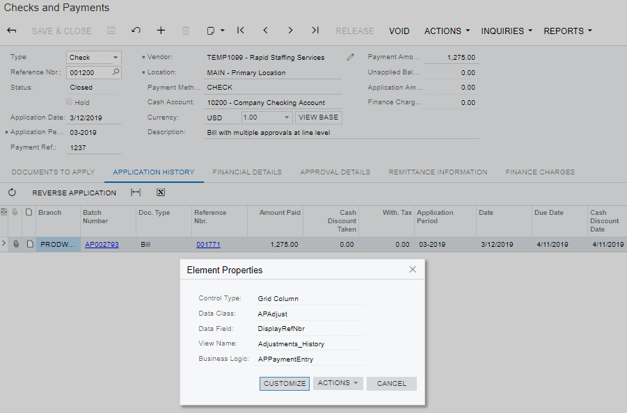 Acumatica Checks and Payments
