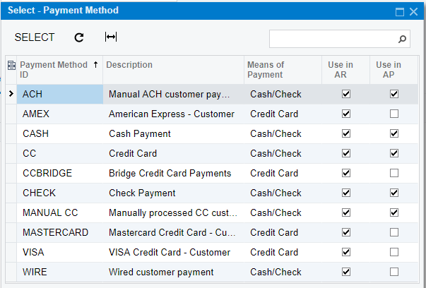 payment method selection dialog in Acumatica