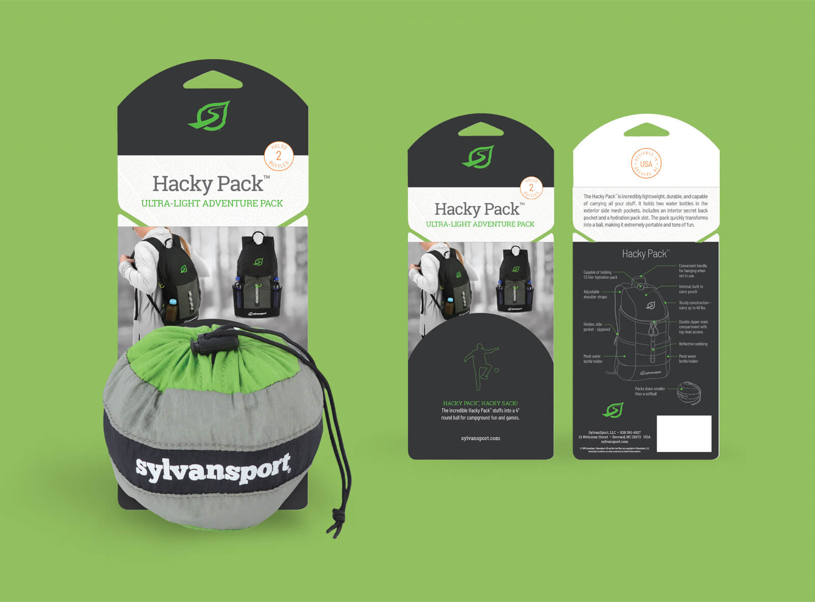 Sylvan Sport packaging box for Hacky Pack backpack, against green background. Shows features and technical drawing of product.