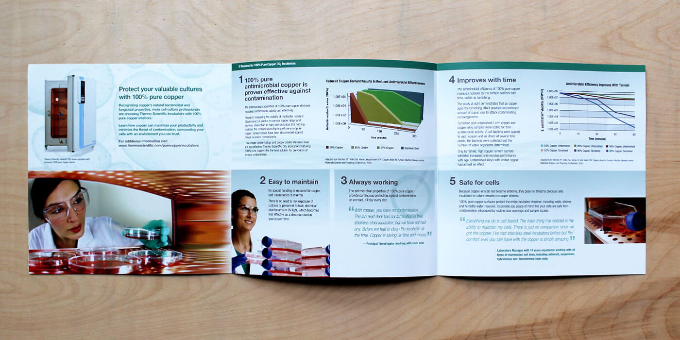 Unfolded Thermo Fisher Scientific brochure for a copper incubator. Images show female scientist placing a specimen into incubator.