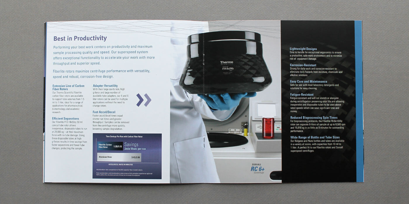 Unfolded Thermo Fisher Scientific brochure for SuperSpeed centrifuges. Scientist with blue gloves holds Thermo Fisher Scientific FiberLite carbon fiber rotor for centrifuge.