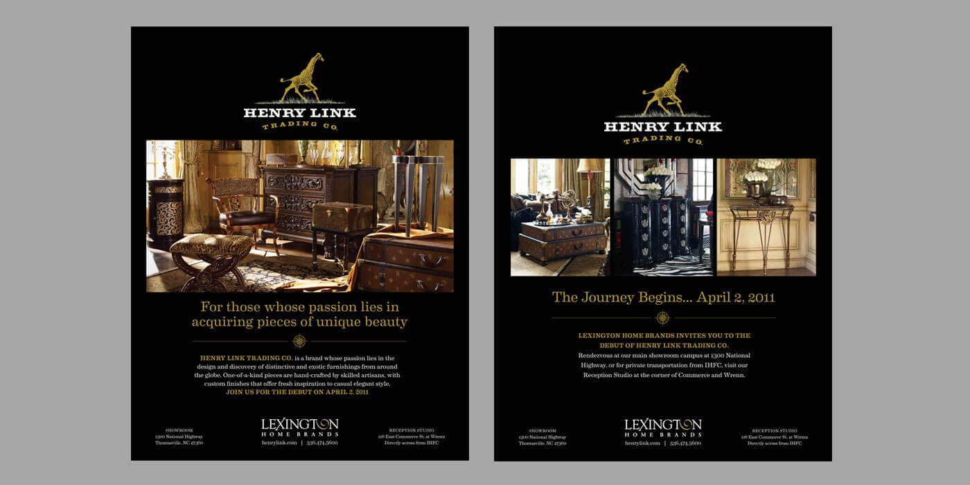 Lexington Furniture advertisement for Henry Link Trading Company showing room scene of dark colored furniture