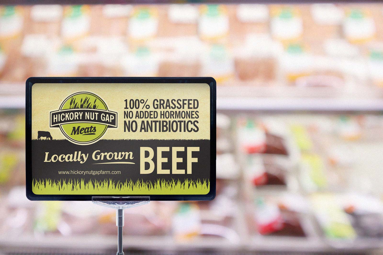 Hickory Nut Gap Meats Beef placard sign in grocery store