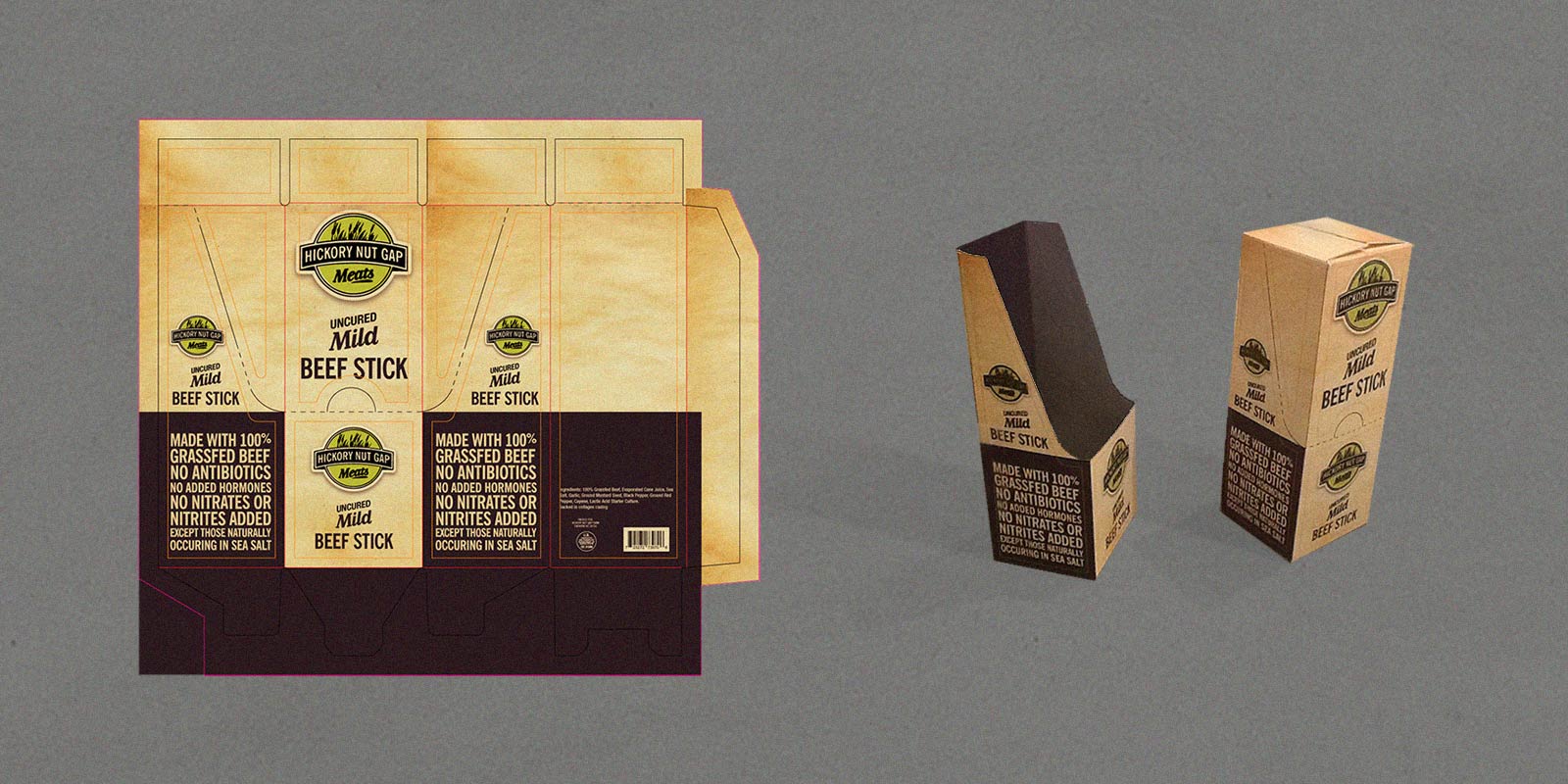 Hickory Nut Gap Meats Beef Stick POP (point of purchase) cardboard shipping box and display holder against a gray background