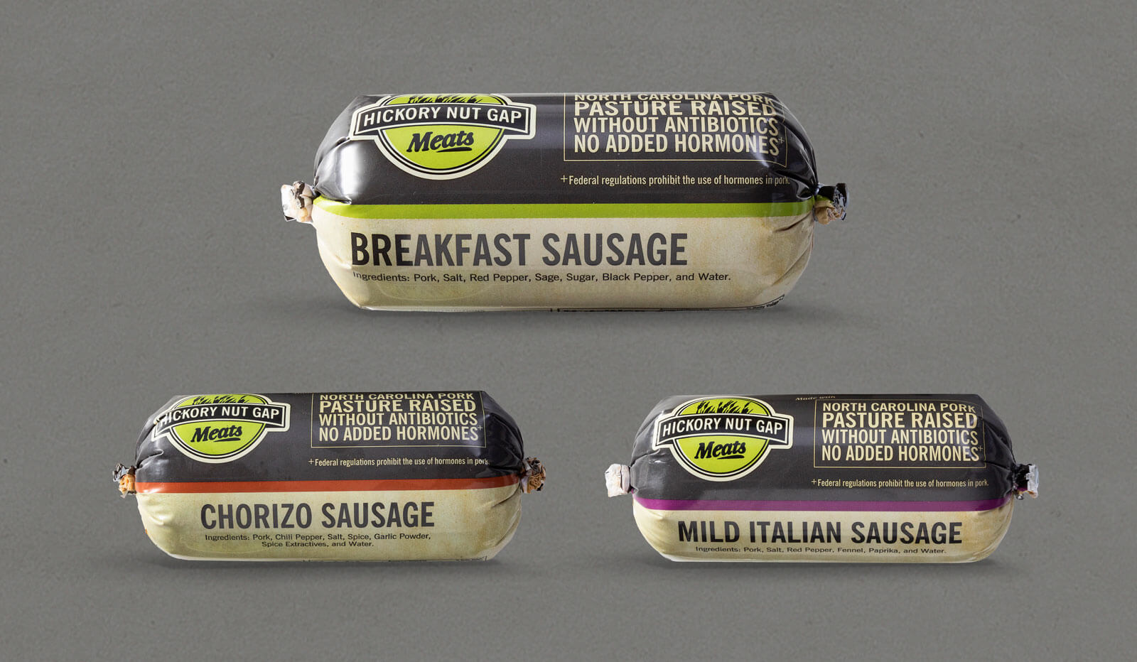 Hickory Nut Gap Meats packaging of Breakfast Sausage plastic vacuum sealed wrap.