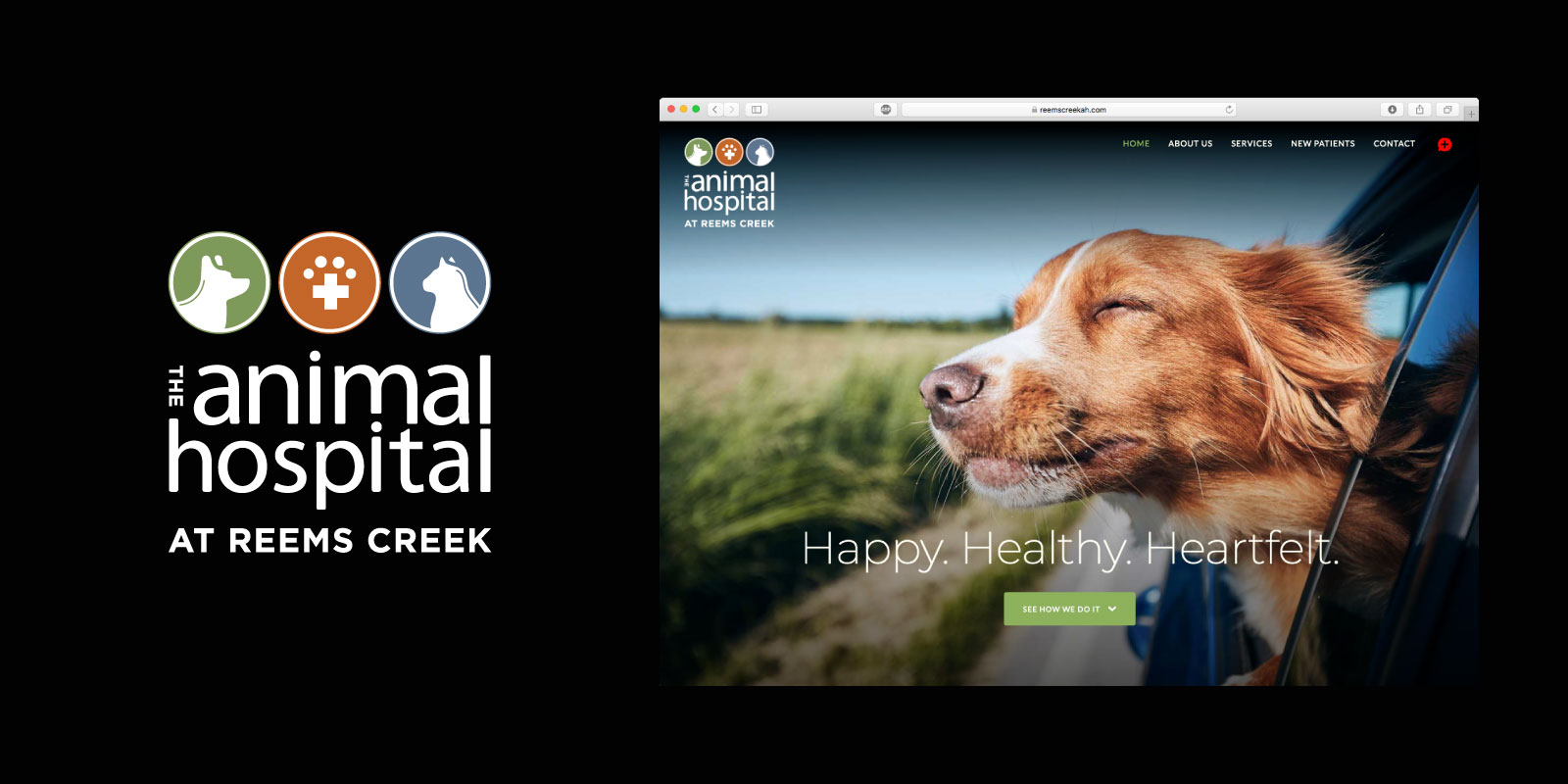 The Animal Hospital at Reems Creek logo and website screen grab on black background