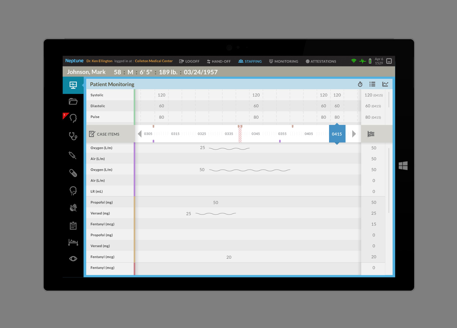 Blue Nine Systems anesthesia app Neptune User-interface shown on Windows Surface Tablet centered on light gray background