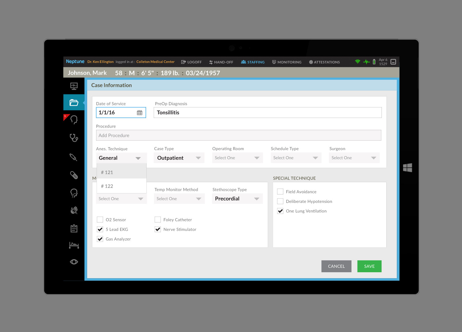 Blue Nine Systems anesthesia app Neptune User-interface shown on Windows Surface Tablet centered on light gray background