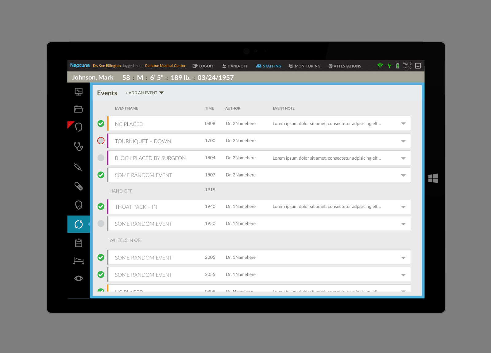 Blue Nine Systems anesthesia app Neptune User-interface shown on Windows Surface Tablet centered on light gray background