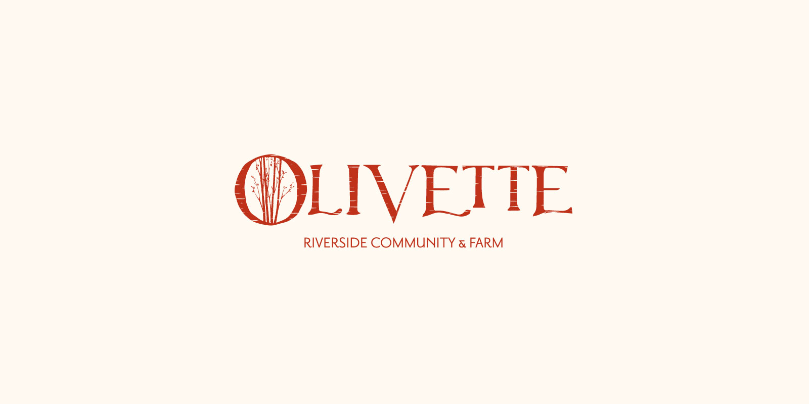 Olivette Riverside Community and Farm logo in red against and off-white background