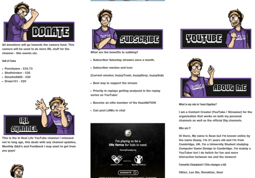 HuzzyGames' profile is divided into different sections: Donate, IRL Channel, Subscribe, Youtube, and About Me. Each section features an animated persona as well as information.