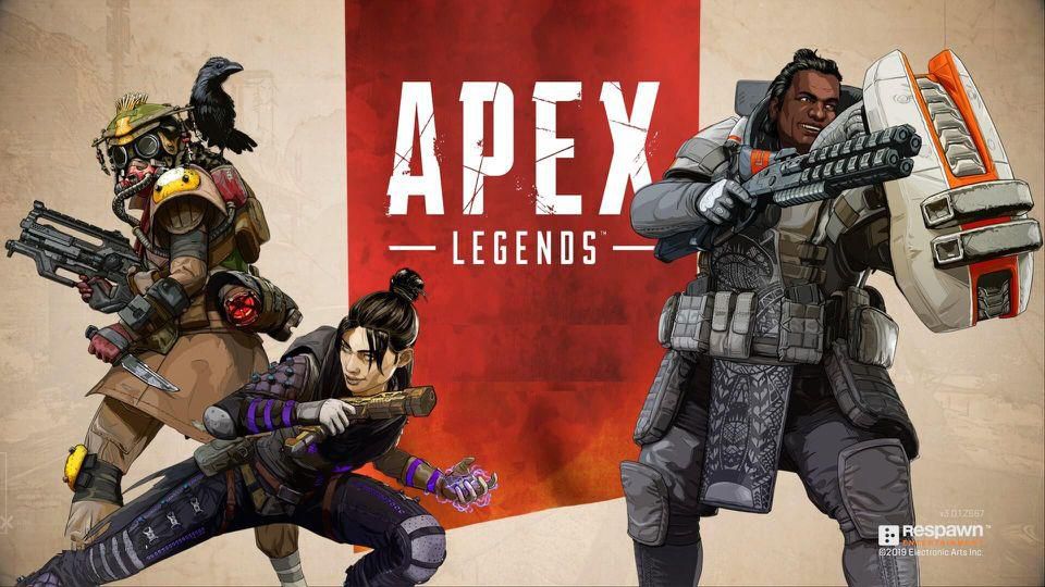 Three characters are shown, two on the left and one on the right. In the center reads Apex Legends.