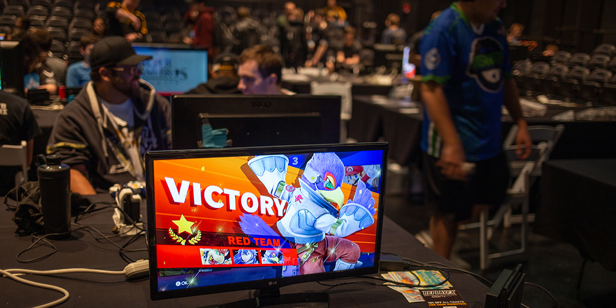 A television screen shows the Super Smash Bros. character Falco and reads "victory."
