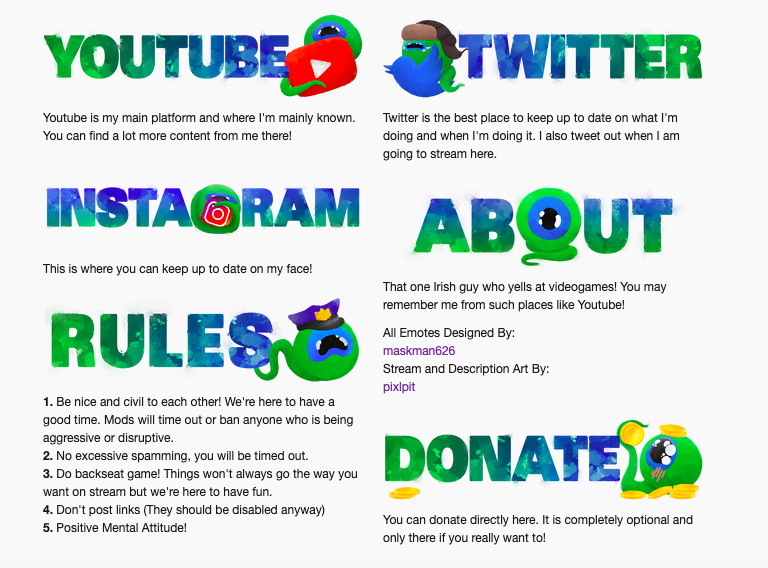 Jacksepticeye's Twitch profile contains a section where he outlines his social media presence, like Youtube, Instagram, and Twitter. He also has About, Rules, and Donate sections.